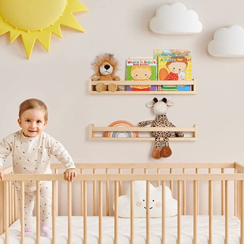 Fun Memories Nursery Book Shelves - Rustic Natural Solid Wood Floating Bookshelf for Kids - Wall Book Shelves for Kids Room (Natural, 32inch - 4P) - 36inch - 4P