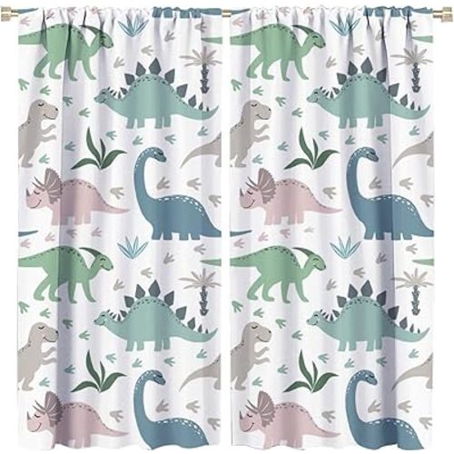 Kids Dinosaur Blackout Curtain Cartoon Animal Dino Home Decor Drapes Rod Pocket Curtain for Nursery Dining Room Living Room Kitchen Bedroom 2 Panels 42x45 in