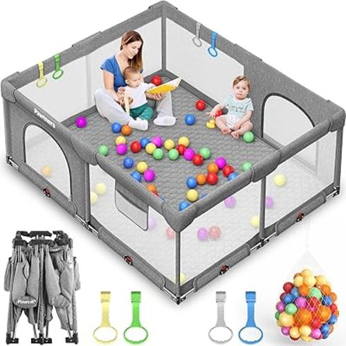Foldable Baby Playpen: 71"L x 59"W x 27"H, Large Kids Play Yard With Mat for Indoor and Outdoor, Portable Baby Gate With 50PCS Ocean Ball, 4 Handles
