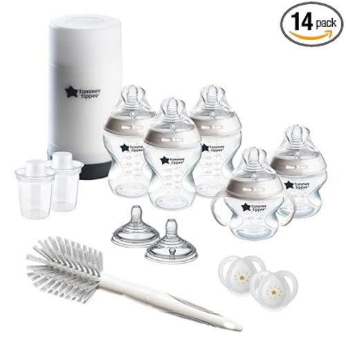 Tommee Tippee Natural Start Ready for Baby Bottle Set, 5oz & 9oz Self-Sterilizing Baby Bottles, Slow & Medium Flow Breast-Like Nipples with Anti-Colic Valves, 0-6 month pacifiers, Travel Bottle Warmer