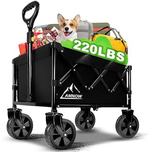 Collapsible Wagon Cart with Wheels Foldable, Folding Wagons Carts with Silent Universal Wheels, Large Grocery Cart On Wheels, Heavy Duty Utility for Shopping Beach Sports Fishing Camping, Black