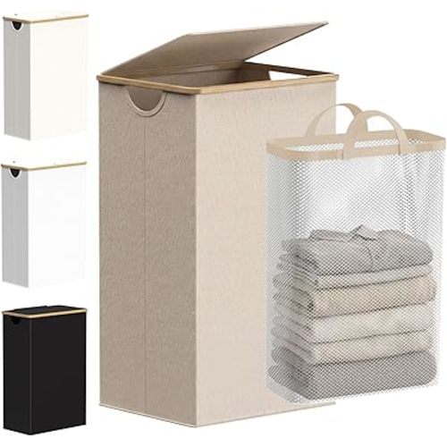efluky 26 Gal Laundry Basket with Lid and Net Bag, Tall Laundry Hamper with Bamboo Handles, Aesthetic Dirty Clothes Bin for Laundry Room, Bathroom, Bedroom and Dorm, Oatmeal