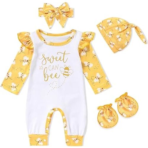 GRNSHTS Newborn Baby Girl Romper Infant Letter Print Jumpsuit Floral Bodysuit+Hat+Headband+Gloves Coming Home Clothes Outfits