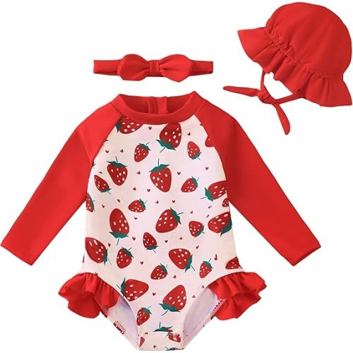 Renotemy Baby Girls Swimsuit Summer Infant Girl Bathing Suit Zipper Long Sleeve One-Piece Rash Guard Swimwear with Hat 3M-3Y