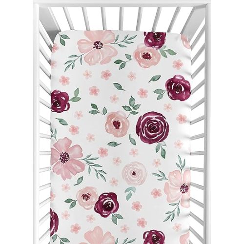 Sweet Jojo Designs Burgundy Watercolor Floral Girl Fitted Crib Sheet Baby or Toddler Bed Nursery - Blush Pink, Maroon, Wine, Rose, Green and White Shabby Chic Flower Farmhouse
