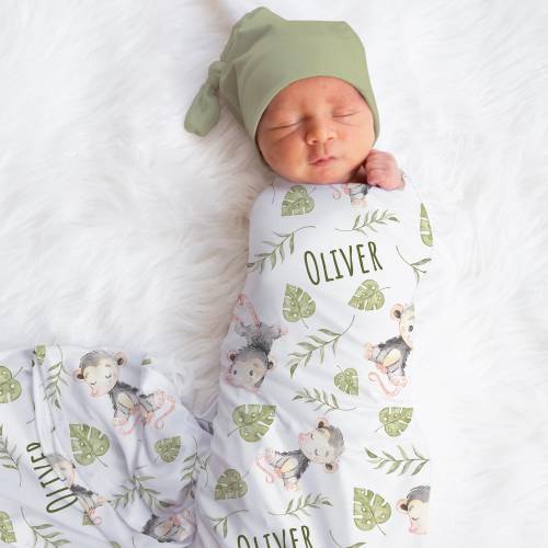 Personalized Opossum Swaddle Blanket Woodland Name Baby Blanket Newborn Baby Boy Coming Home Outfit Hospital Photo Outfit Baby Shower Gift