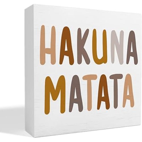 Nursery Table Decor, Hakuna Matata Wooden Sign, White, 5x5 Inches, Wall Hanging or Standing, Living Room, Bedroom, Kitchen Decor
