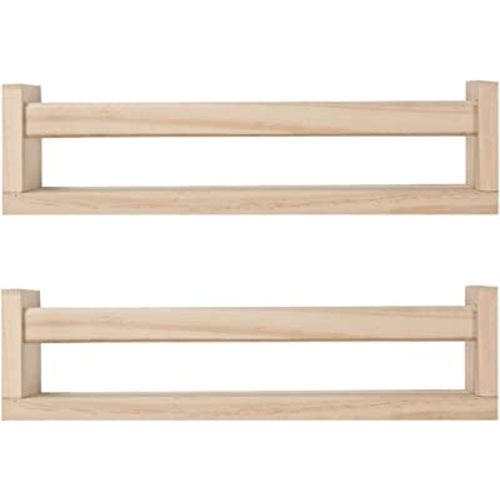 Nursery Floating Book Shelves for Kids Room, Kitchen Spice Rack, or Rustic Wall Mounted Shelves for Farmhouse Bathroom Decor (Natural Wood),Set of 2