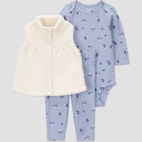 Carter's Just One You® Baby Girls' 3pc Floral Long Sleeve Bodysuit with Leggings and Vest Set - Blue