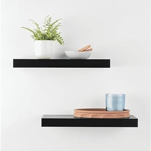 Set of 2 Black Wood Floating Shelves 16.5 Inch Wall Mounted Storage Shelves for Home Decor