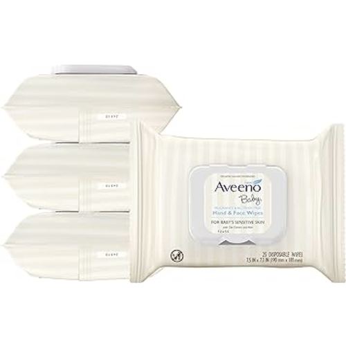 Aveeno Baby Hand & Face Cleansing & Moisturizing Wipes with Oat Extract and Aloe, Fragrance-Free Wipes for Sensitive Skin, Free of Sulfates, Alcohol, Parabens, and Dyes, 25 ct (Pack of 4)