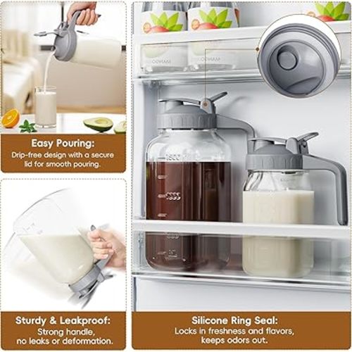 Glass Mason Jar Pitcher, 64 oz Wide Mouth Jug with Pour Spout Handle Lid for Cold Brew Coffee, Ice Beverage, Iced Juice, Lemonade, Sun Tea, Fruit Drinks Container