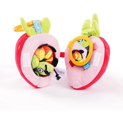 Jollybaby Newborn Plush Stuffed Fruit Rattle Toy for Stroller Car Seat Crib, Montessori Sensory Plush Strawberry Toy with Rattle and Mirro Toy for Baby 0-6-12 Month, Infant Baby Boy Girl Shower Gift