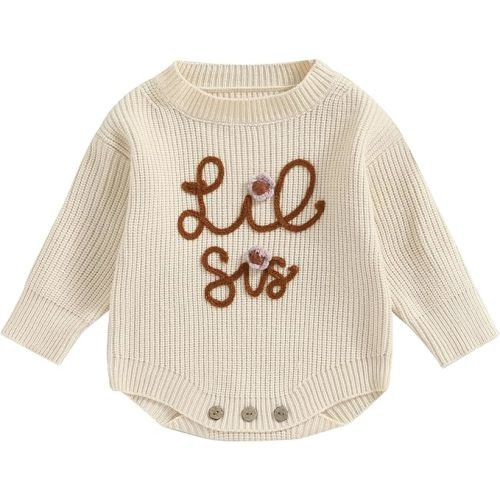 VISGOGO Big Little Sister Matching Sweater Baby Girls Knitted One-Piece Outfits Toddler Brother Sweatshirt Clothes - 0-3 Months - Beige-lil Sis