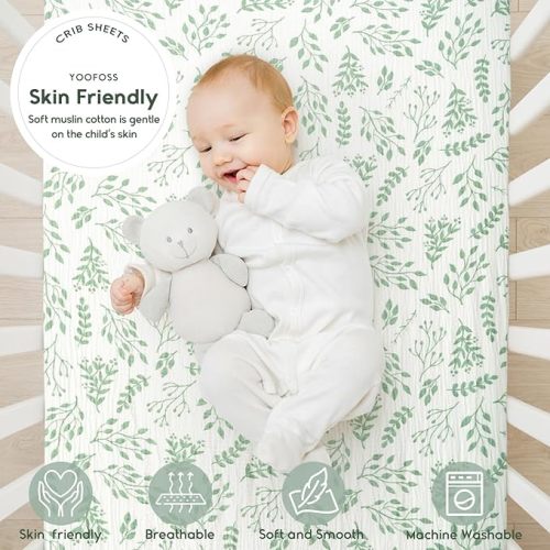 Yoofoss Muslin Crib Sheets for Boys Girls 100% Cotton Fitted Baby Crib Sheet 2 Pack Soft and Breathable for Standard Crib Mattress & Toddler Mattress 52"x28" Leaves&Green