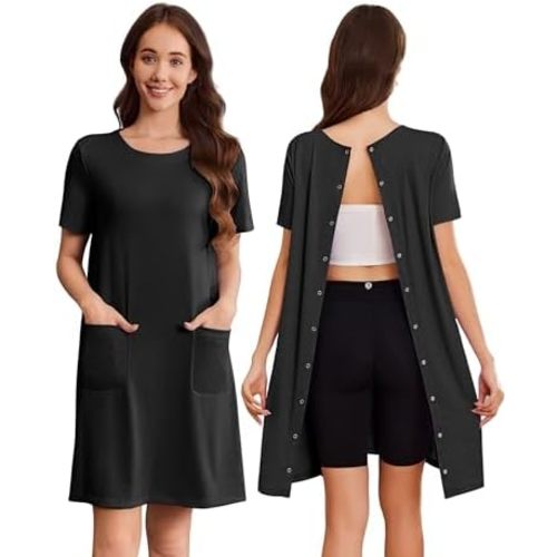 Deyeek Hospital Gowns for Women Open Back Tear Away Snap Nursing Dress Short Sleeve Soft Adaptive Clothing With Pockets