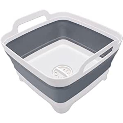 Goderewild 2.4 Gal(9L) Collapsible Dish Basin with Drain Plug, Space Saving Outdoor Multiuse Foldable Sink Tub, Dishpan, Kitchen Storage Tray for Camping, Vegetable Washing, RV - Grey-drain Plug