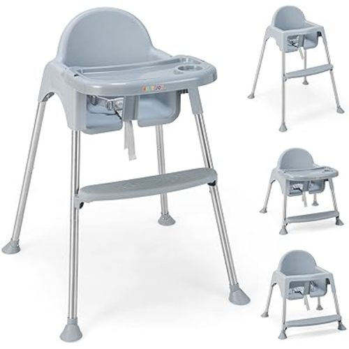 BABY JOY Baby High Chair, 4 in 1 Convertible High Chair with Adjustable Legs, Double Removable Tray, Safety Harness & Footrest, for 6-36 Months Babies & Toddlers (Gray)