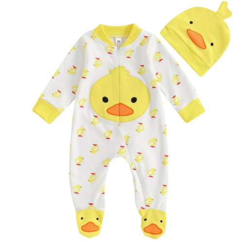 Cenuakty Newborn Boy Girl Duck Outfit, Long Sleeve Full Length Footed Jumpsuit Duck Hat 2 Piece Set for Fall