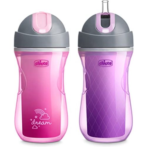Chicco Double Wall Insulated Flip-Top Sippy Cup with Silicone Straw and Spill-Free Lid 9oz.| Top-Rack Dishwasher Safe | Easy to Hold with Ergonomic Indents | Dream Pink/Purple, 2pk | 12+ months