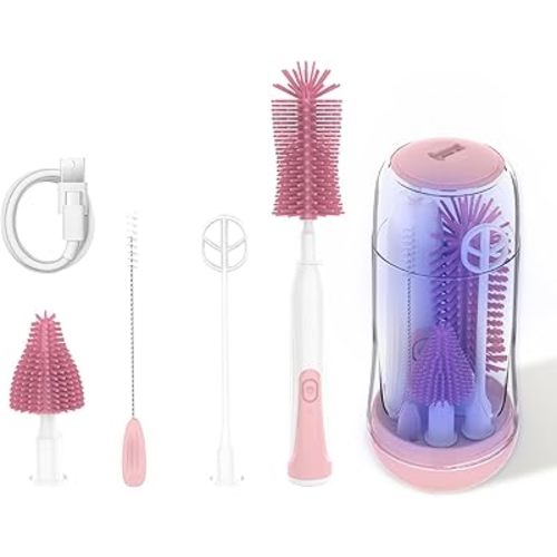 Bottle Brush Cleaner, Electric Bottle Brush, Electric Travel Baby Bottle Brush Set with Silicone Bottle/Pacifier/Straw Brush/Mixing Head and Drying Rack, Rechargeable