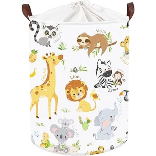 Clastyle Large Alphabet Animal Hamper for Nursery Kid Room Giraffe Lion Boy Girl Laundry Basket with Handle Elephant Collapsible Zebra Clothes Toy Storage Basket with Lid