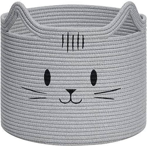 INDRESSME Baby Basket, Cat Toy Basket with Handles, Cotton Rope Basket for Nursery, Gift Basket Empty, Decorative Basket for Living Room and Bedroom, 13.8"D x 11.8"H, Grey