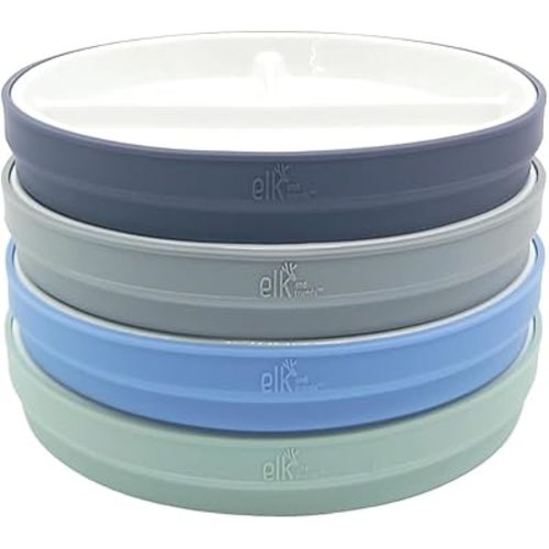Elk and Friends Kids 7.8” Porcelain White Plates with Silicone Sleeves | Divided Plates | Suitable for Kids/Toddlers | Microwave & Dishwasher Safe | Non Slip | Snack Dishes