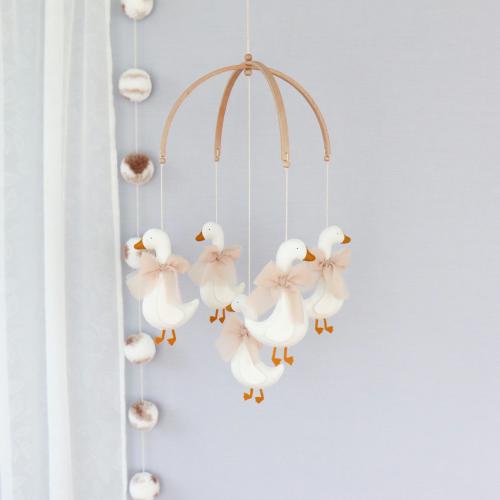 Coquette goose bow baby crib mobile, Vintage, farmhouse, rustic nursery decor, Neutral baby shower gift, Felt handing mobile, Duck nursery