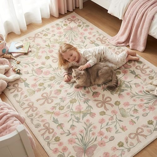 5x7 Pink and Green Floral Butterfly Bow Area Rug for Living Room