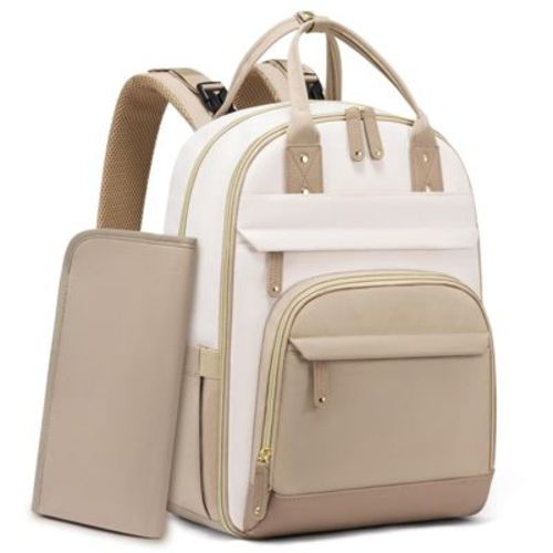 Itopfox Large Capacity Diaper Backpack with Changing Pad, Insulated Pockets, Stroller Buckles, Waterproof, Laptop Compartment, Beige-Khaki