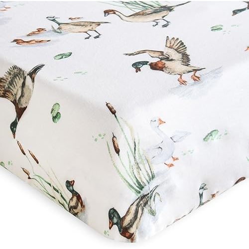 LifeTree Crib Sheets for Baby Boys Girls - Muslin Fitted Crib Sheets Neutral Toddler Bed Sheet Fits Standard Crib, 70% Viscose from Bamboo and 30% Cotton, Mallard Duck Pattern, 28in x 52in