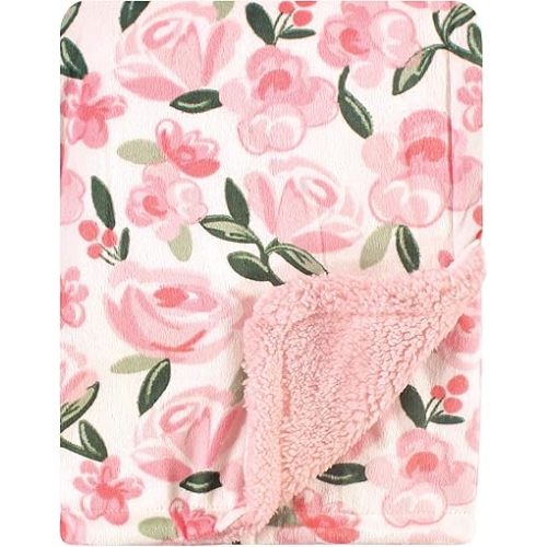 Hudson Baby Unisex Baby Plush Mink and Sherpa Blanket, Green Floral, One Size