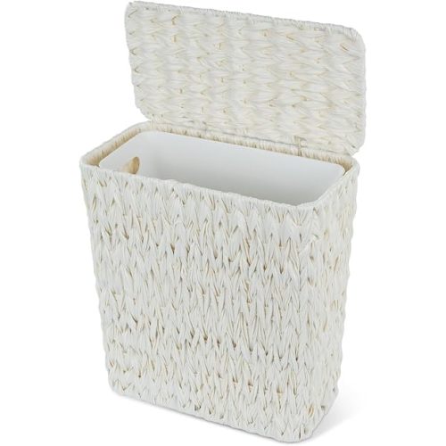 Coeusy Wicker Trash Can with Lid and Liner,Boho Decotative Small Bathroom Trash Cans,Waterproof Slim Waste Basket for Bedroom,Home Office,3 Gallon Cream White