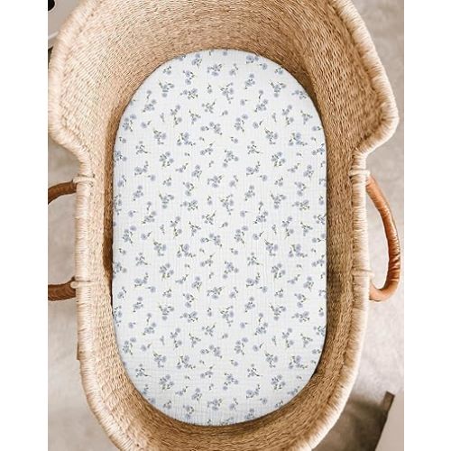 Bassinet Sheet for Baby 2 Pack, Fitted Sheets for Rectangle, Oval, Hourglass Bassinet Mattress, Muslin Moses Basket Sheets with Neutral Style (Bluebell Bloom & Light Blue)