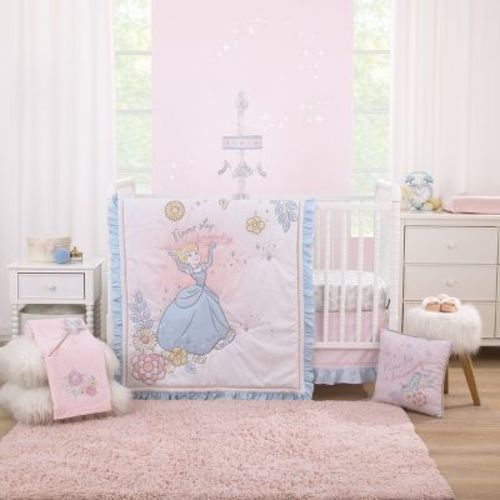 Disney Sweet Princess Light Blue, Pink, And White Cinderella 3 Piece Nursery Crib Bedding Set