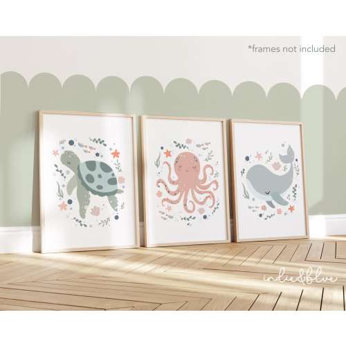 Set of 3 Unframed Sea Animals Prints, Ocean Nursery Prints, Under the Ocean Prints, Whale Print, Scandi Nursery Decor, Playroom Prints