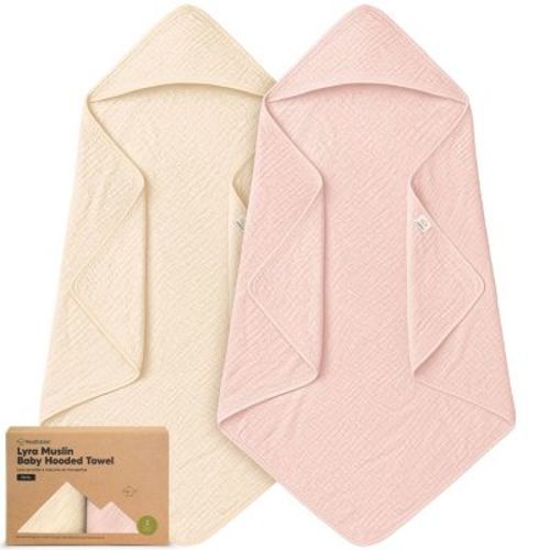 KeaBabies 2pk Lyra Muslin Baby Towels with Hoods for Girl, Boy, Soft, Absorbent, Organic Cotton Hooded Baby Bath Towels (Cameo, Petite)