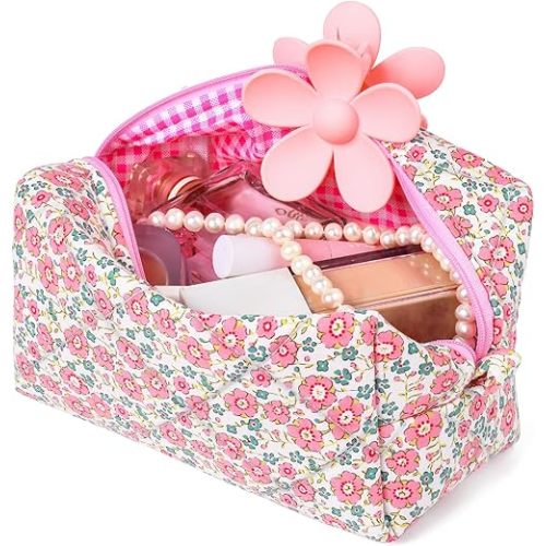 Pink Makeup Bag Floral Cosmetic Bag Puffy Coquette Makeup pouch Aesthetic Cute Quilted Travel Toiletry Bag Organizer cotton Makeup Brushes Storage Bag for Women