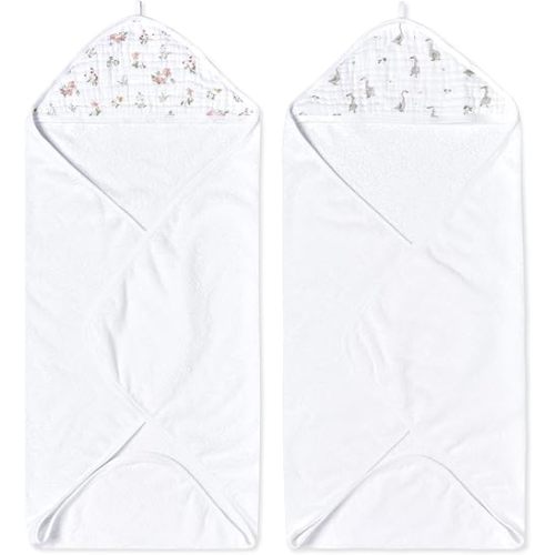 aden + anais Essentials Hooded Baby Bath Towel, Super Soft 100% Cotton, 2 Pack, Country Floral