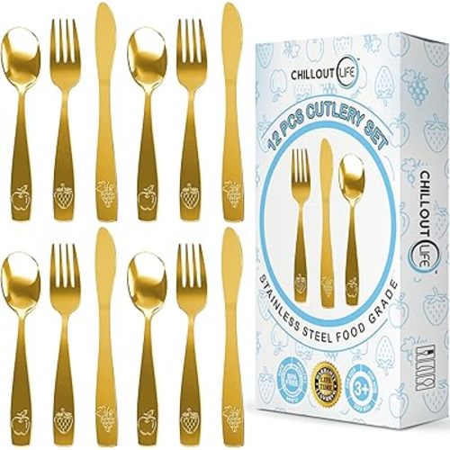 12 Piece Stainless Steel Kids Silverware Set - Child and Toddler Safe Flatware - Kids Utensil Set - Metal Kids Cutlery Set Includes 4 Small Kids Spoons, 4 Forks & 4 Knives - Gold