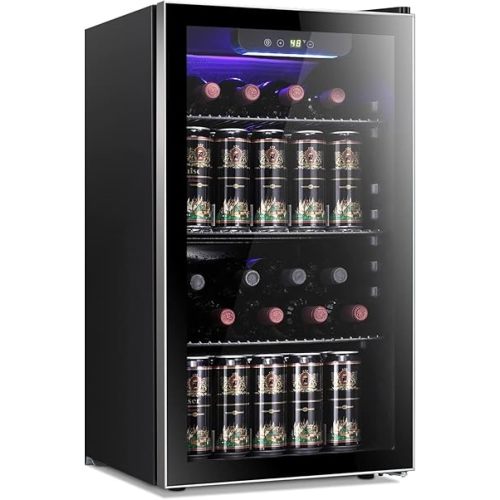 Antarctic Star 26 Bottle 130 Can Wine Cooler/Cabinet Beverage Refrigerator Mini Wine Cellar Beer Soda Clear Glass Door Bar Fridge Quiet Compressor Adjust Temp Freestanding Indoor Use 3.2cu.ft Black