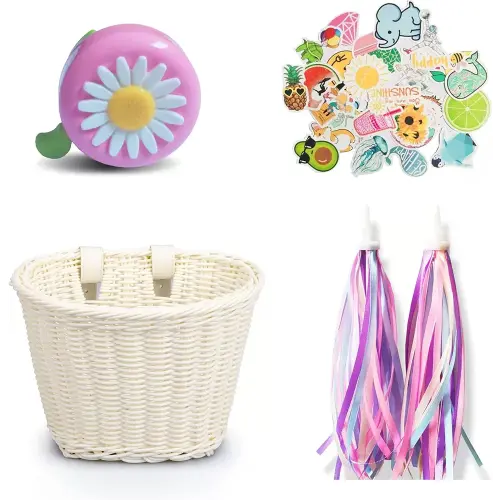 Kid's Bicycle Basket,Colored Tassels Wicker Front Handlebar Bike Basket Handlebar with Streamers Bell and Stickers,Bicycle Decoration for Girls and Boys