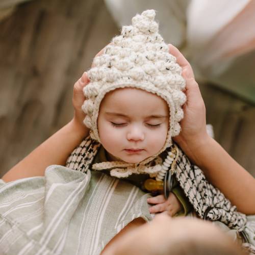 Bobble bonnet / crochet bonnet, sage