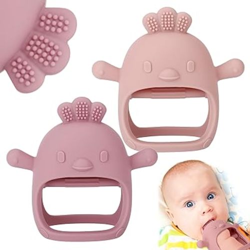 Socub 2 Pack Silicone Baby Teether Toys for Infants 3+ Months, BPA Free Anti-Drop Silicone Mitten Teething Toy for Soothing Sore Gums, Baby Chew Toys for Sucking Needs, Rose Pink, Dark Pink