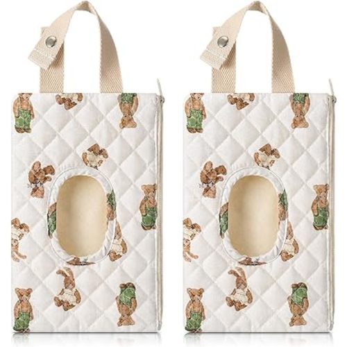 2 Pcs Bear Quilted Diaper and Wipes Pouch Portable Hanging Bear Wet Wipe Bag with Handle Reusable Wipes Pouch for New Parents Stroller Car Shower Nursery Travel Infant Diapering Organizer