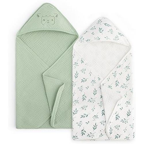 PHF 100% Muslin Cotton Baby Hooded Towels, 2 Pack Bath Towel with Hood for Newborn, Infant, Toddler, Ultra Soft and Absorbent Baby Bath Essentials, Shower Gifts for Boys Girls, 32x32Inch, Leaf