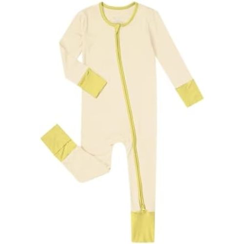 Teach Leanbh Unisex Baby Bamboo Viscose Pajamas with Mittens and Feet Cuffs Soild Printing 2 Way Zipper Long Sleeve Romper
