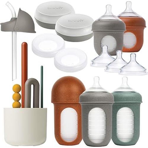 Boon Nursh Baby Bottle Gift Set - Baby Feeding Essentials for New Moms - Includes 4 Oz and 8 Oz Baby Bottles, Storage Lids, Fast Flow Nipples, Storage Buns, Straw Lid, and Mod Baby Bottle Brush Set