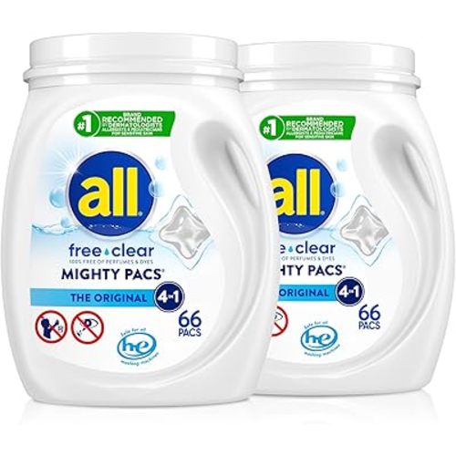 all Unit Dose Laundry Detergent, Mighty Pacs, Free Clear, 132 Count